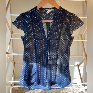 H&M navy blue w/ white polka dot semi-sheer blouse